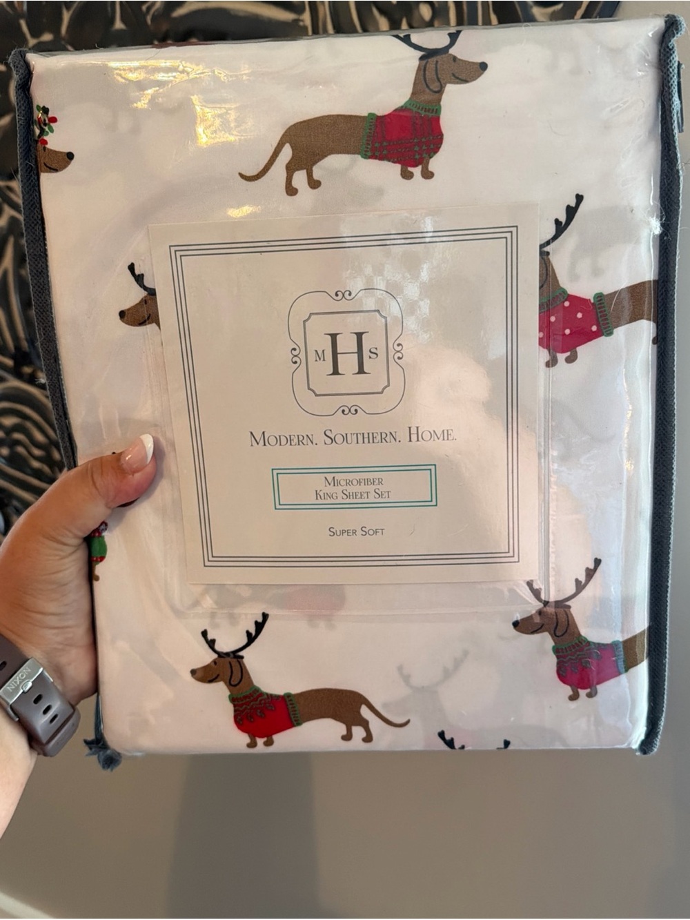 Modern Southern Home King Sheet Set Dachshund Reindeer Holiday Christmas Dogs
